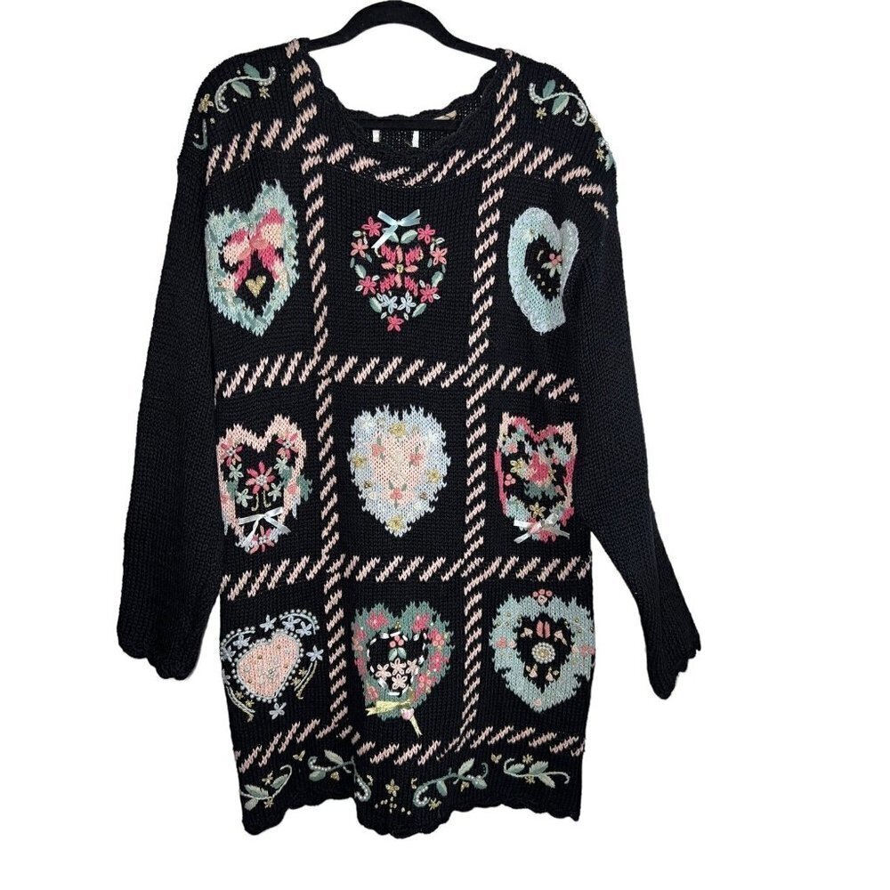 Vintage 90s Katie Lee Heart COTTAGECORE Knitted Tunic Sweater Embellished - Picture 1 of 12